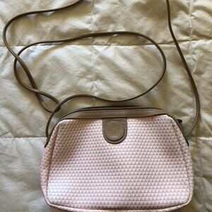 Liz Claiborne Light Pink Tan Leather Trim Triangle Logo Crossbody Bag